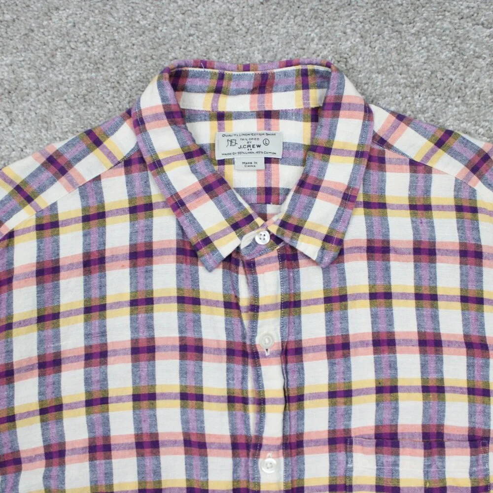 J. Crew Cotton/Linen Blend Shirt Mens‎ Large Pink/Purple/Yellow/White L/S Button